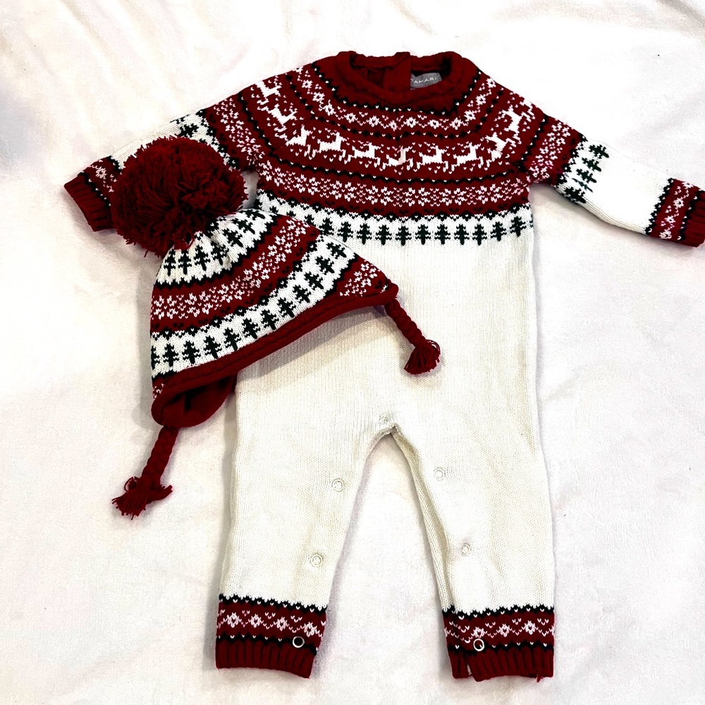 Tahari toddler Christmas sweater onesie with matching hat